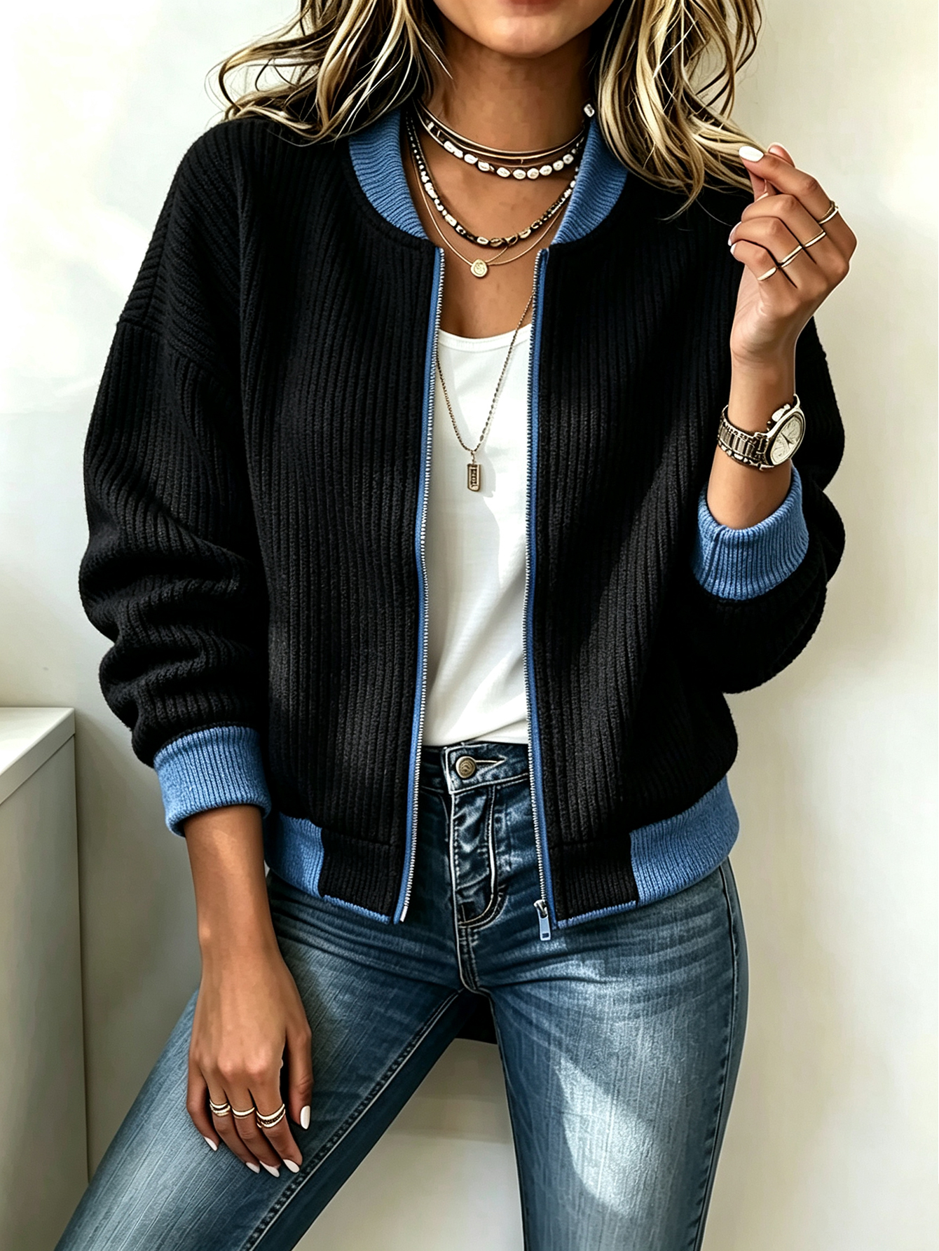 Women's Ribbed Knit Color Block Bomber Zip-Up Jacket