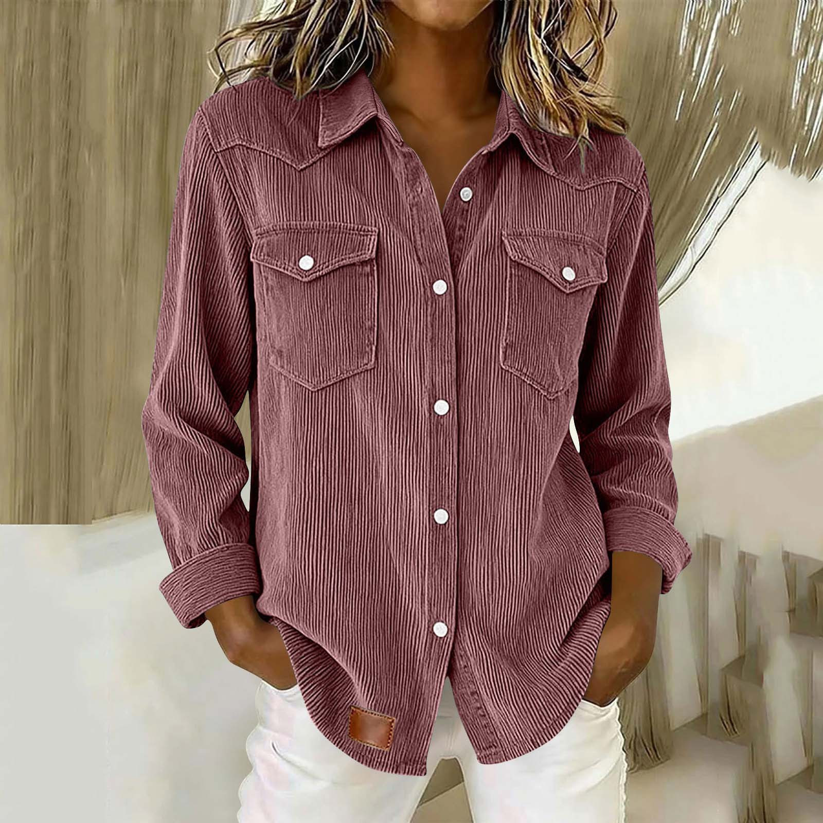 Women's Oversized Corduroy Button-Up Shirt with Flap Pockets Long Sleeve Casual Blouse