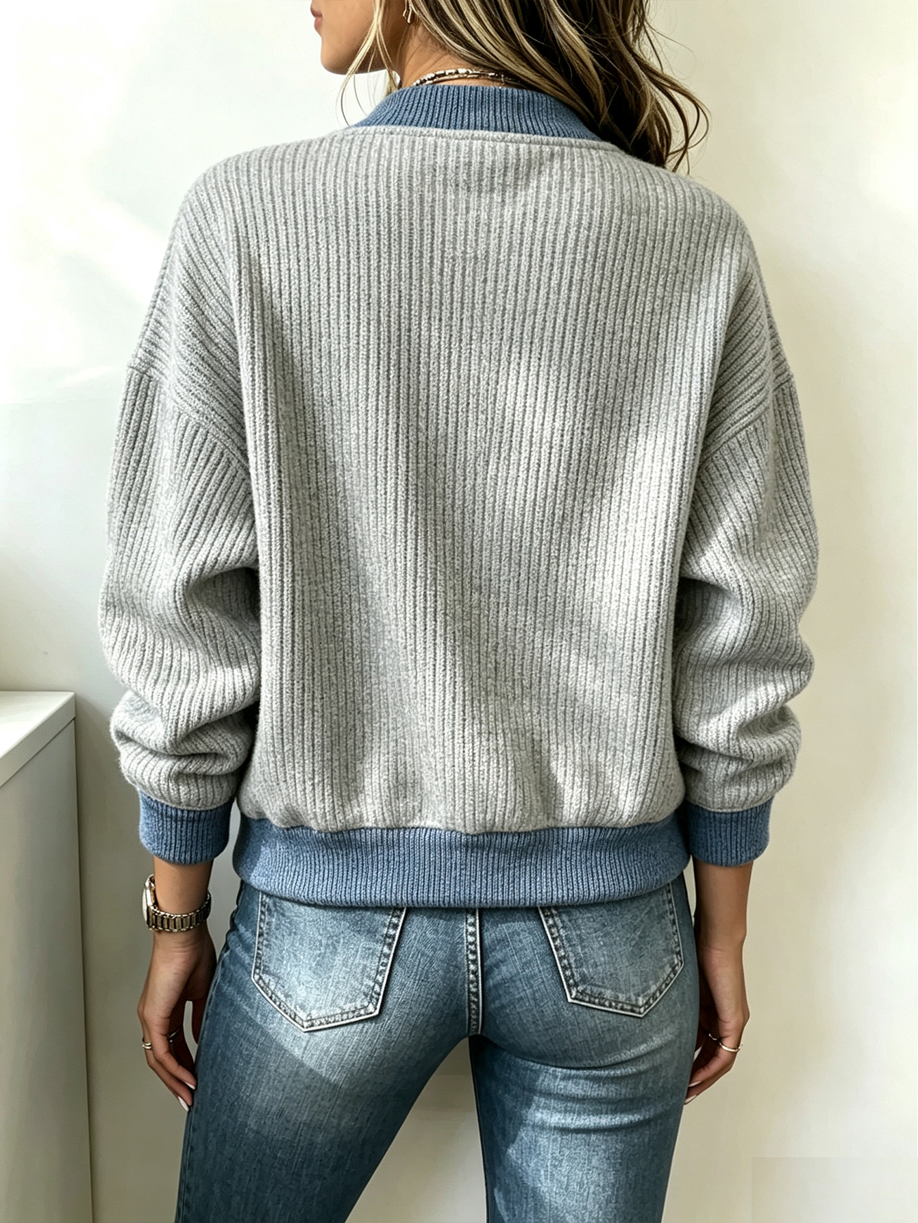 Women's Ribbed Knit Color Block Bomber Zip-Up Jacket