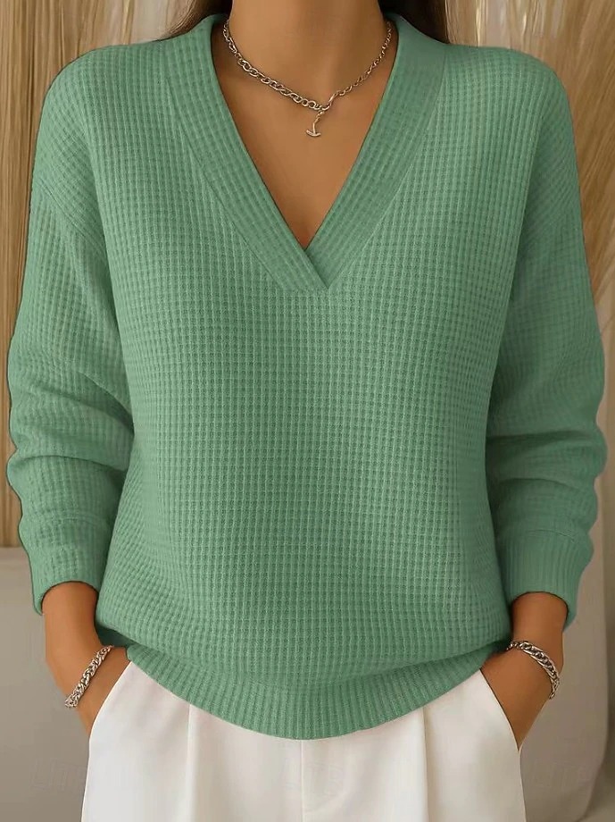 Women's Waffle  V-Neck Long Sleeve Pullover Casual Loose  Top