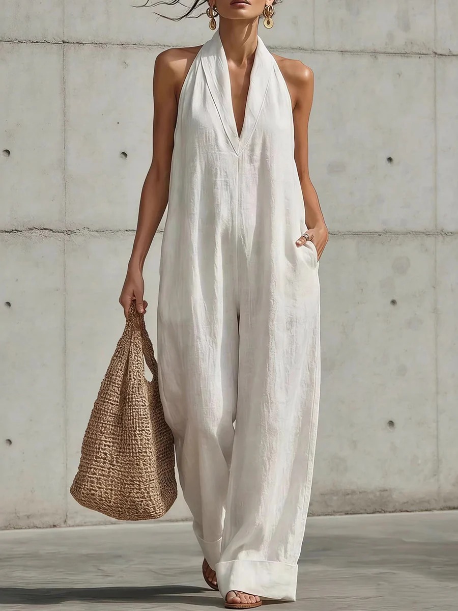 Linen Blend Halter Neck Wide Leg Jumpsuit – V Neck Backless Loose Fit Romper