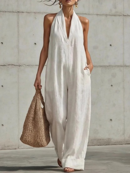 Linen Blend Halter Neck Wide Leg Jumpsuit – V Neck Backless Loose Fit Romper