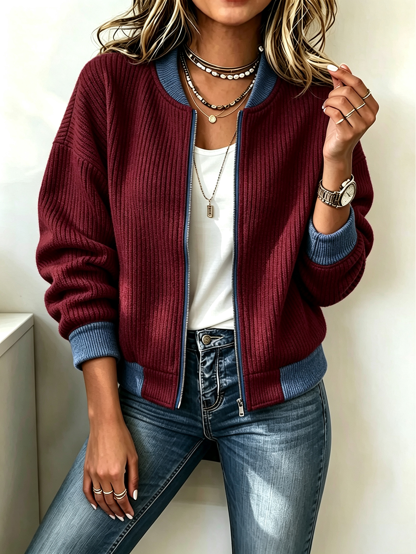 Women's Ribbed Knit Color Block Bomber Zip-Up Jacket