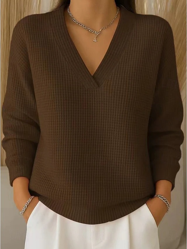 Women's Waffle  V-Neck Long Sleeve Pullover Casual Loose  Top
