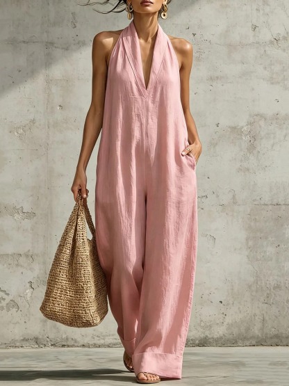 Linen Blend Halter Neck Wide Leg Jumpsuit – V Neck Backless Loose Fit Romper