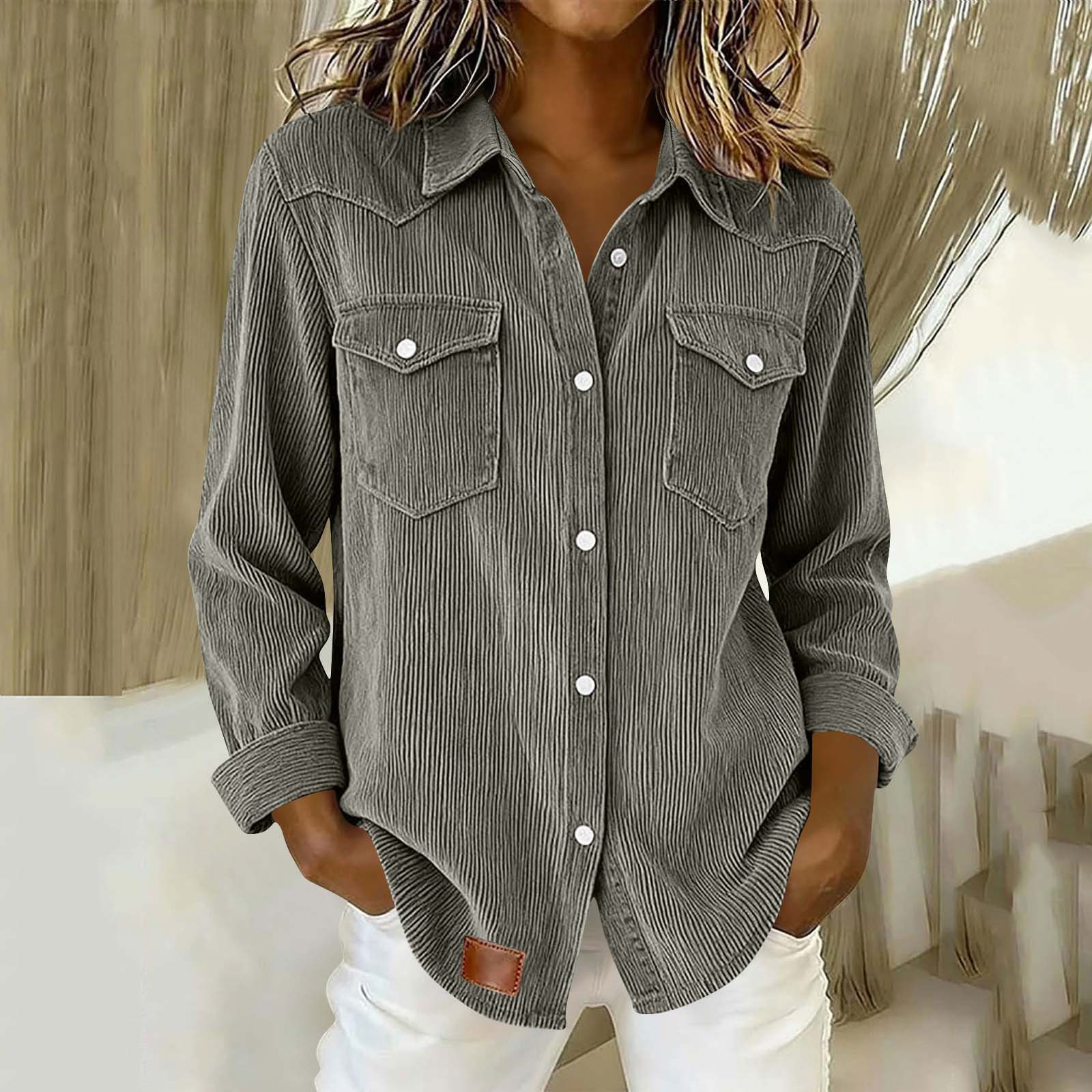 Women's Oversized Corduroy Button-Up Shirt with Flap Pockets Long Sleeve Casual Blouse