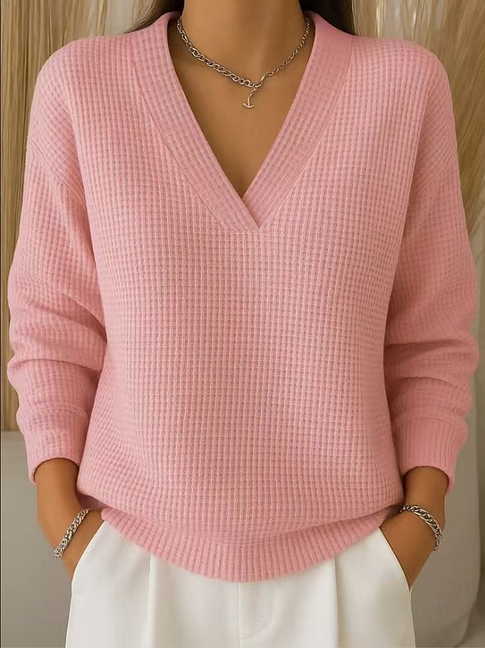 Women's Waffle  V-Neck Long Sleeve Pullover Casual Loose  Top