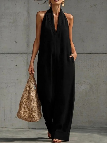 Linen Blend Halter Neck Wide Leg Jumpsuit – V Neck Backless Loose Fit Romper