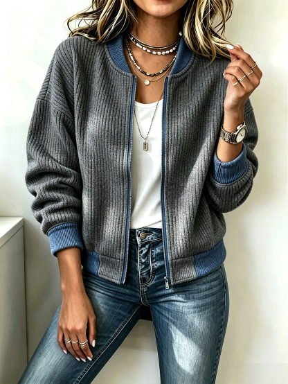 Women's Ribbed Knit Color Block Bomber Zip-Up Jacket
