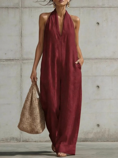 Linen Blend Halter Neck Wide Leg Jumpsuit – V Neck Backless Loose Fit Romper