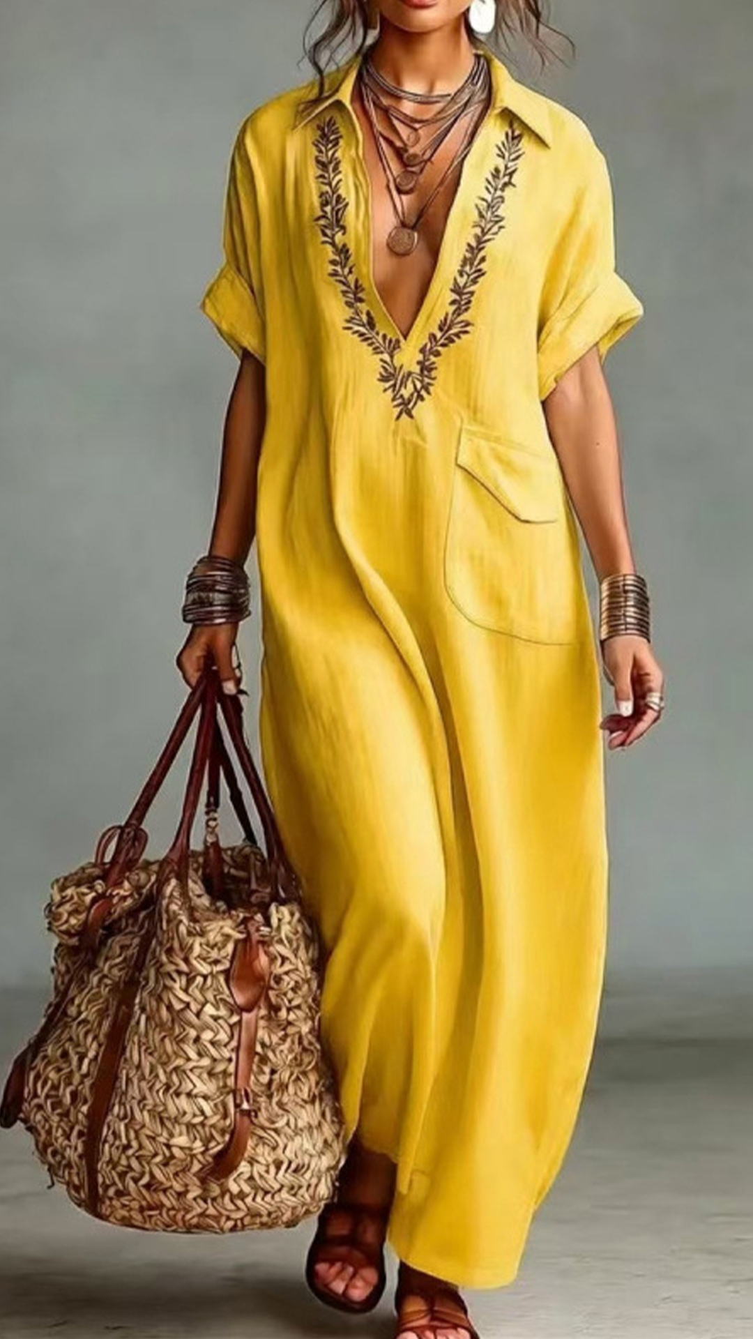 Embroidered V-Neck Loose Cotton Linen Shirt Maxi Dress