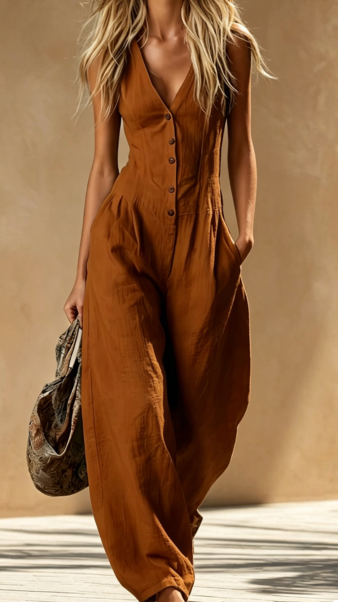 Women's Cotton-Blend V-Neck Sleeveless Wide-Leg Jumpsuit