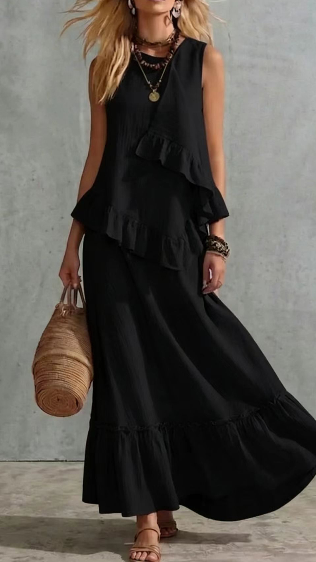 Women's Cotton-Blend Ruffled Sleeveless Maxi Dress