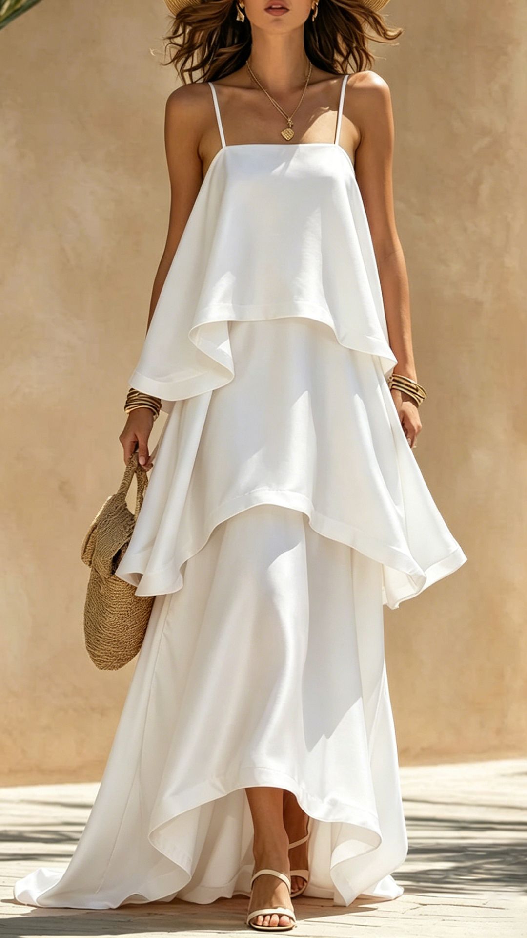 Women's Cotton-Blend Tiered Cami Maxi Dress
