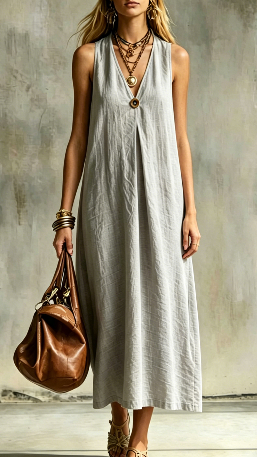 Women's Cotton-Blend V-Neck Loose Sleeveless Dress