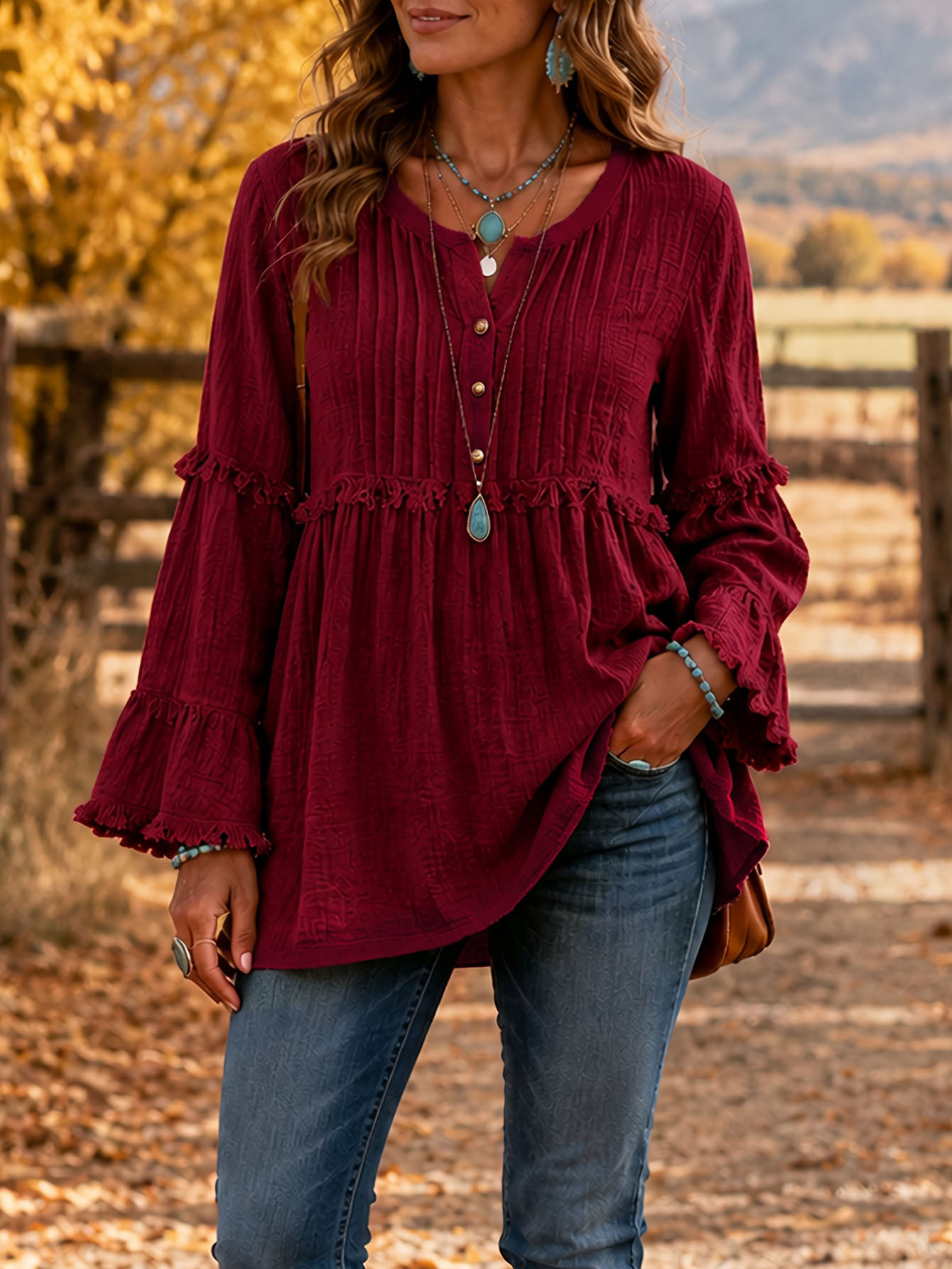 Women's Cotton Linen Fringe Trim Blouse Pleated Yoke Bell Sleeve Relaxed Tunic Top