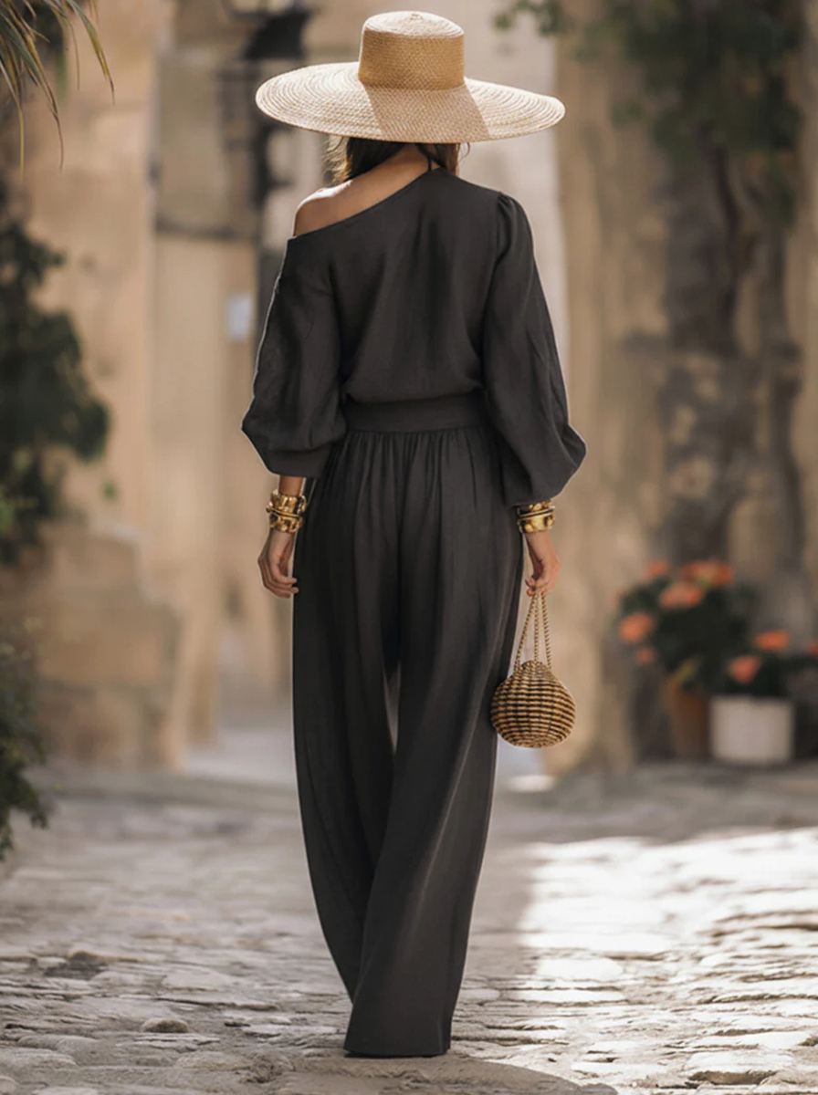 Stylish Off-shoulder Top And Wide-leg Pants Two-piece Set