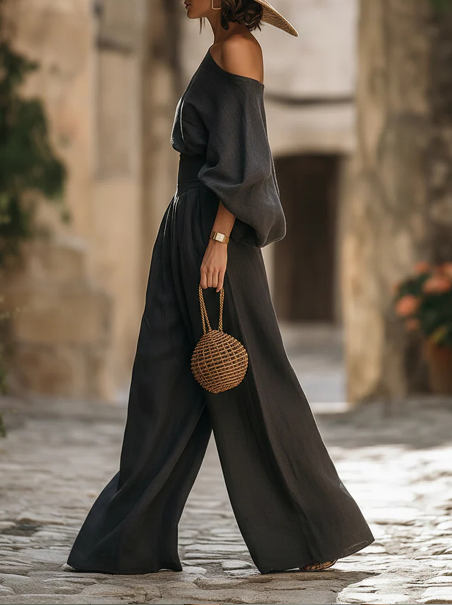 Stylish Off-shoulder Top And Wide-leg Pants Two-piece Set