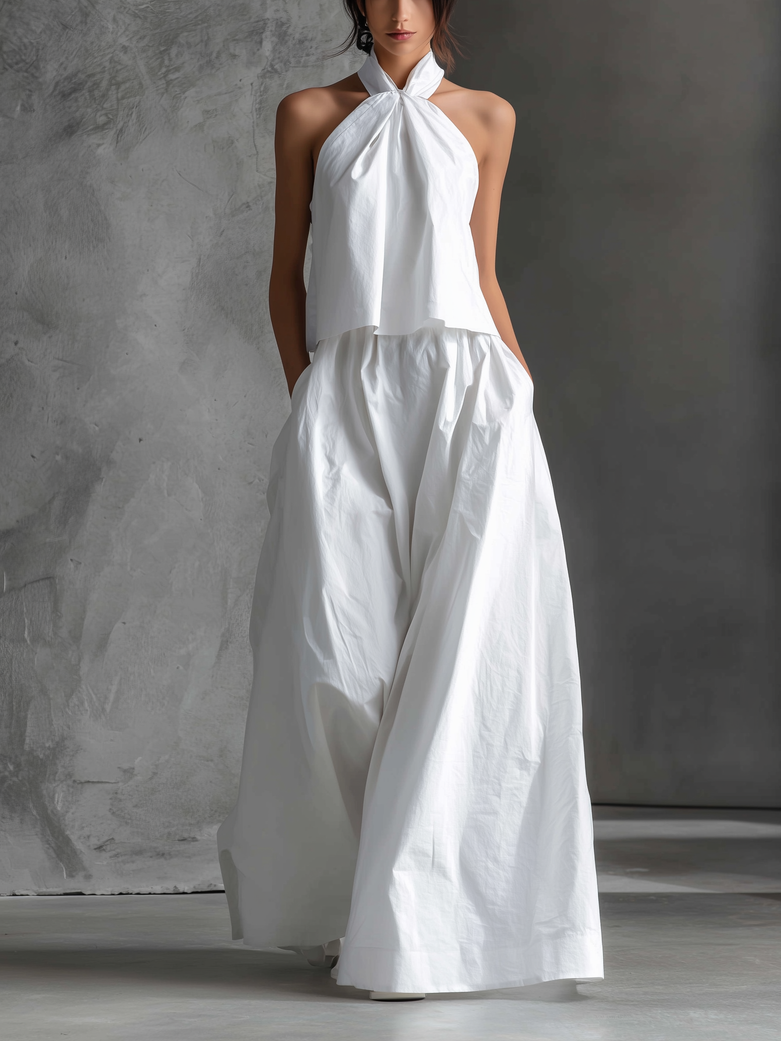 Women's Casual White Cotton And Linen Halter-neck Sleeveless Top And Skirt Set