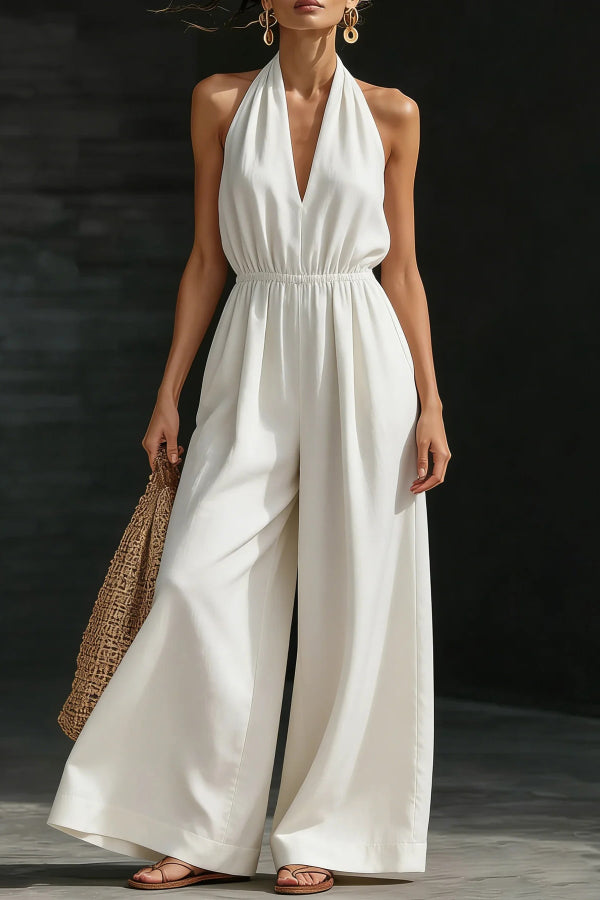 Women Halter V Neck Jumpsuit Elastic Waist Wide Leg Linen Blend Casual Vacation Long Jumpsuits with Pockets