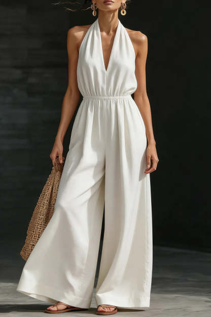 Women Halter V Neck Jumpsuit Elastic Waist Wide Leg Linen Blend Casual Vacation Long Jumpsuits with Pockets