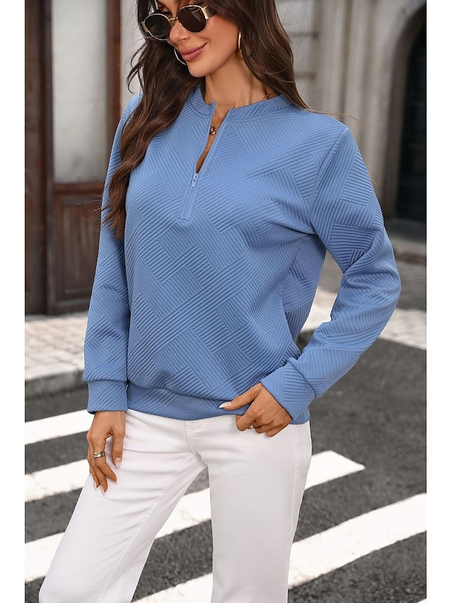 Women's Textured Zip Up Sweatshirts Casual Long Sleeve V Neck Half Zip Regular Tops