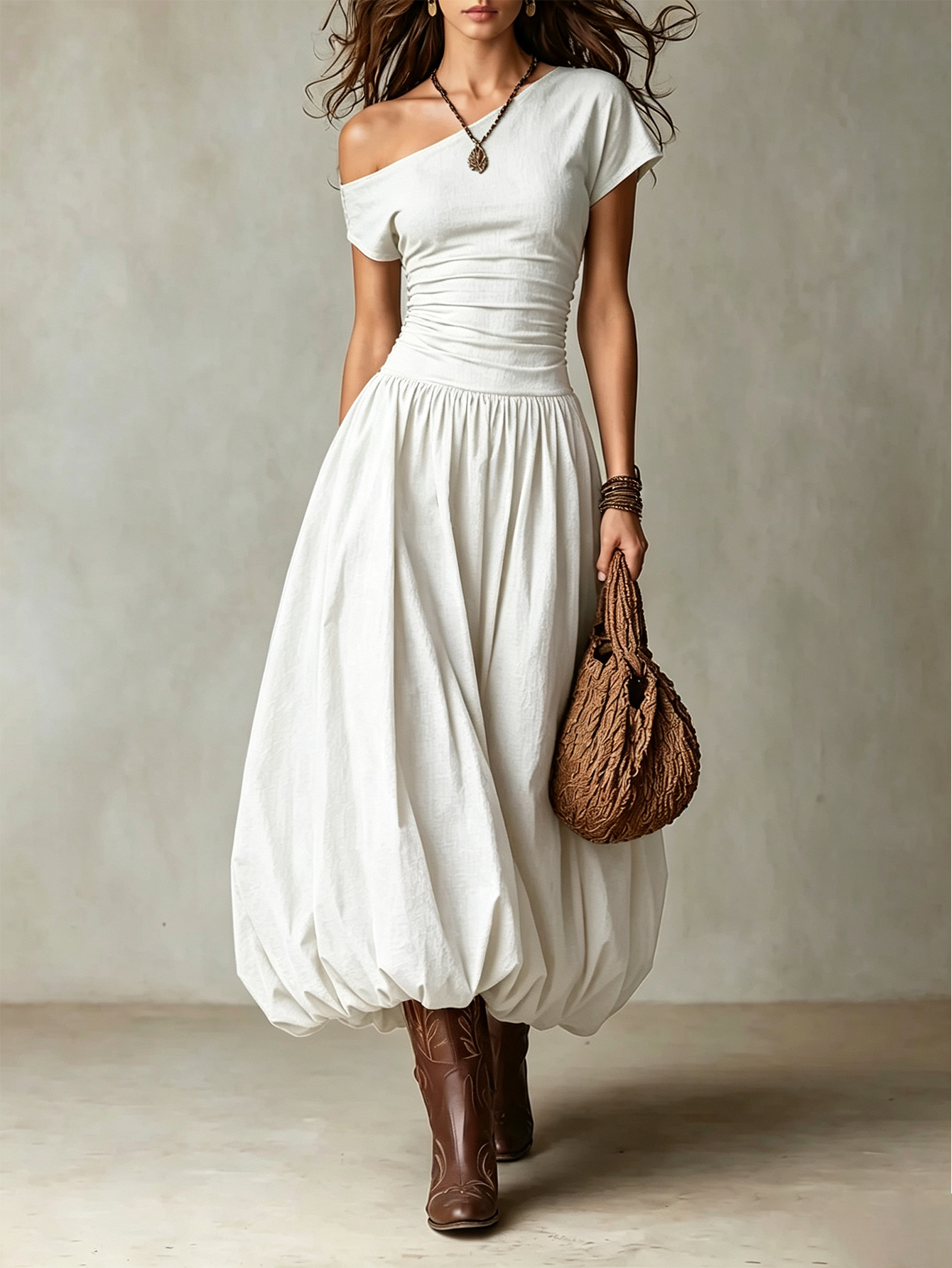 Vintage-style One-shoulder Balloon Hem Maxi Dress