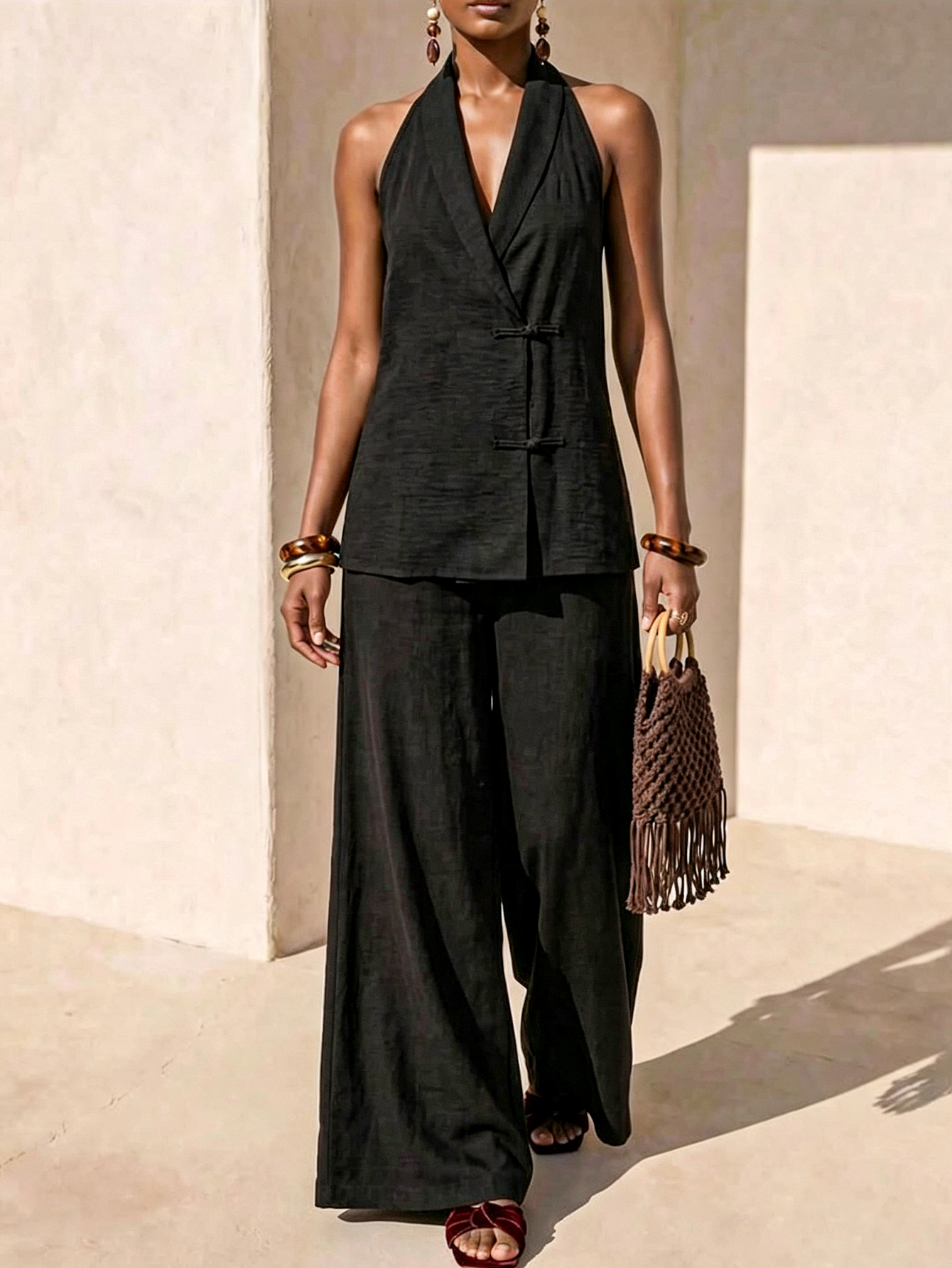 Halter Wrap Top with Frog Closures & Wide Leg Linen Blend 2-Piece Set
