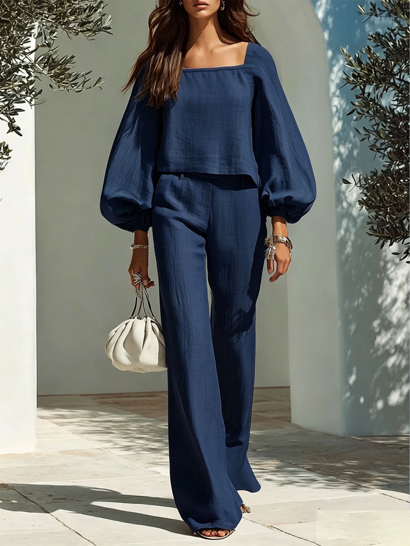 Resort-style Square-neck Lantern-sleeve Top And Trousers Set