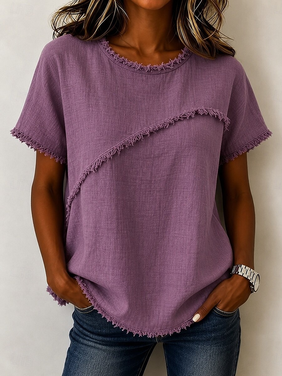 Women's Fringe Trim Textured Crew Neck Loose Fit Short Sleeve Top