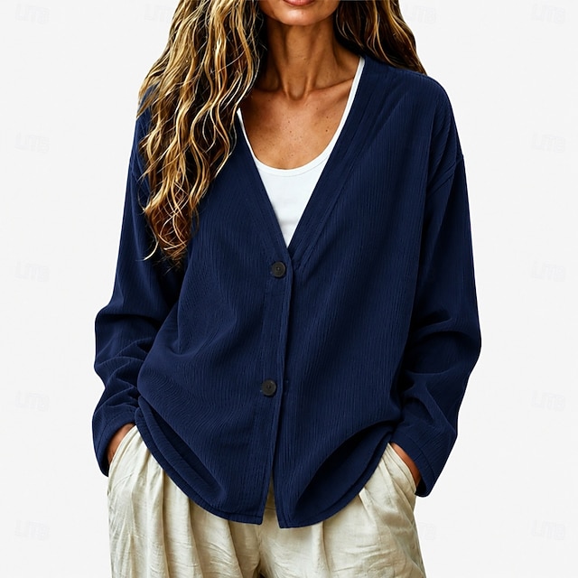 Women's Ribbed V-Neck Cardigan - Comfortable Button-Front Casual Sweater Top Casual Jacket