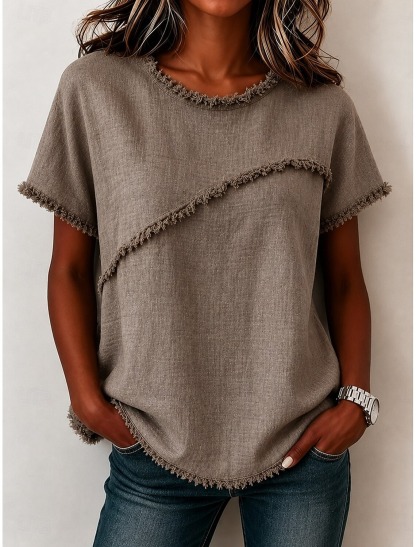 Women's Fringe Trim Textured Crew Neck Loose Fit Short Sleeve Top