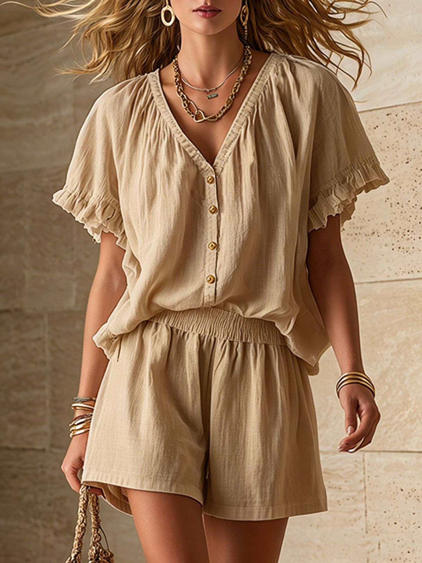 Women's Linen Blend V-Neck Ruffle Sleeve Top & Elastic Waist Shorts Set