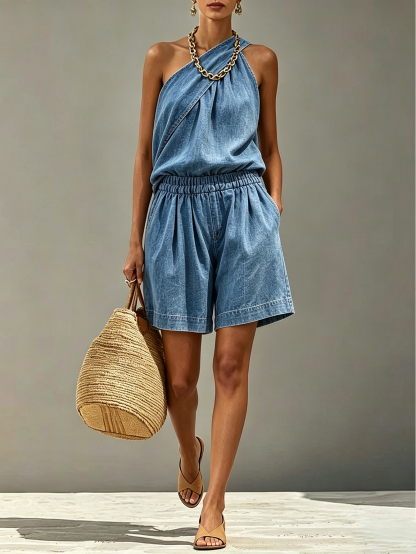 Women's One-Shoulder Halter Denim Two-Piece Set – Sleeveless Loose Top & Elastic Waist Shorts