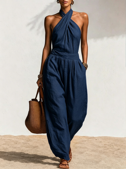 Minimalist Retro Solid Color Halter Jumpsuit
