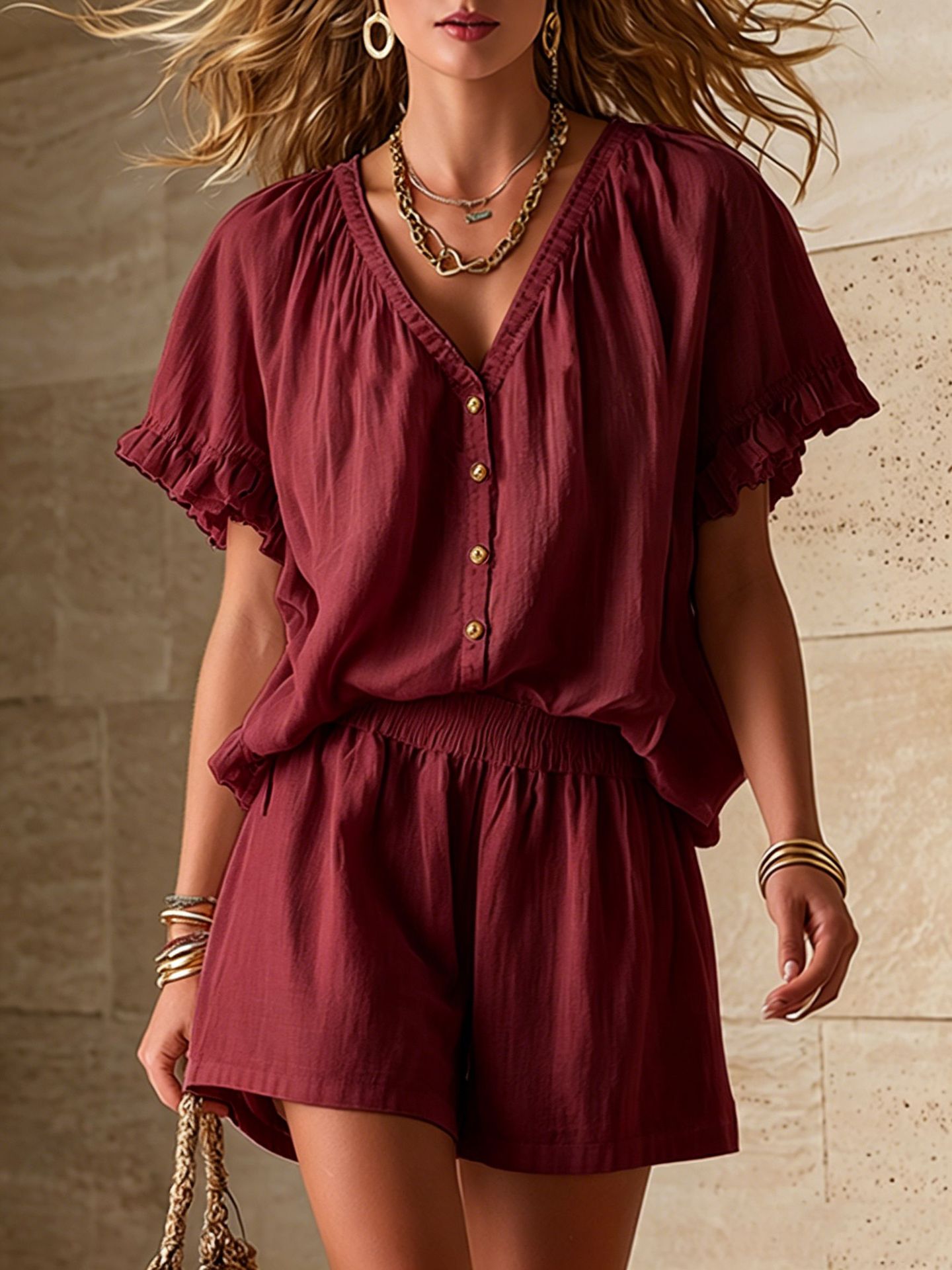 Women's Linen Blend V-Neck Ruffle Sleeve Top & Elastic Waist Shorts Set