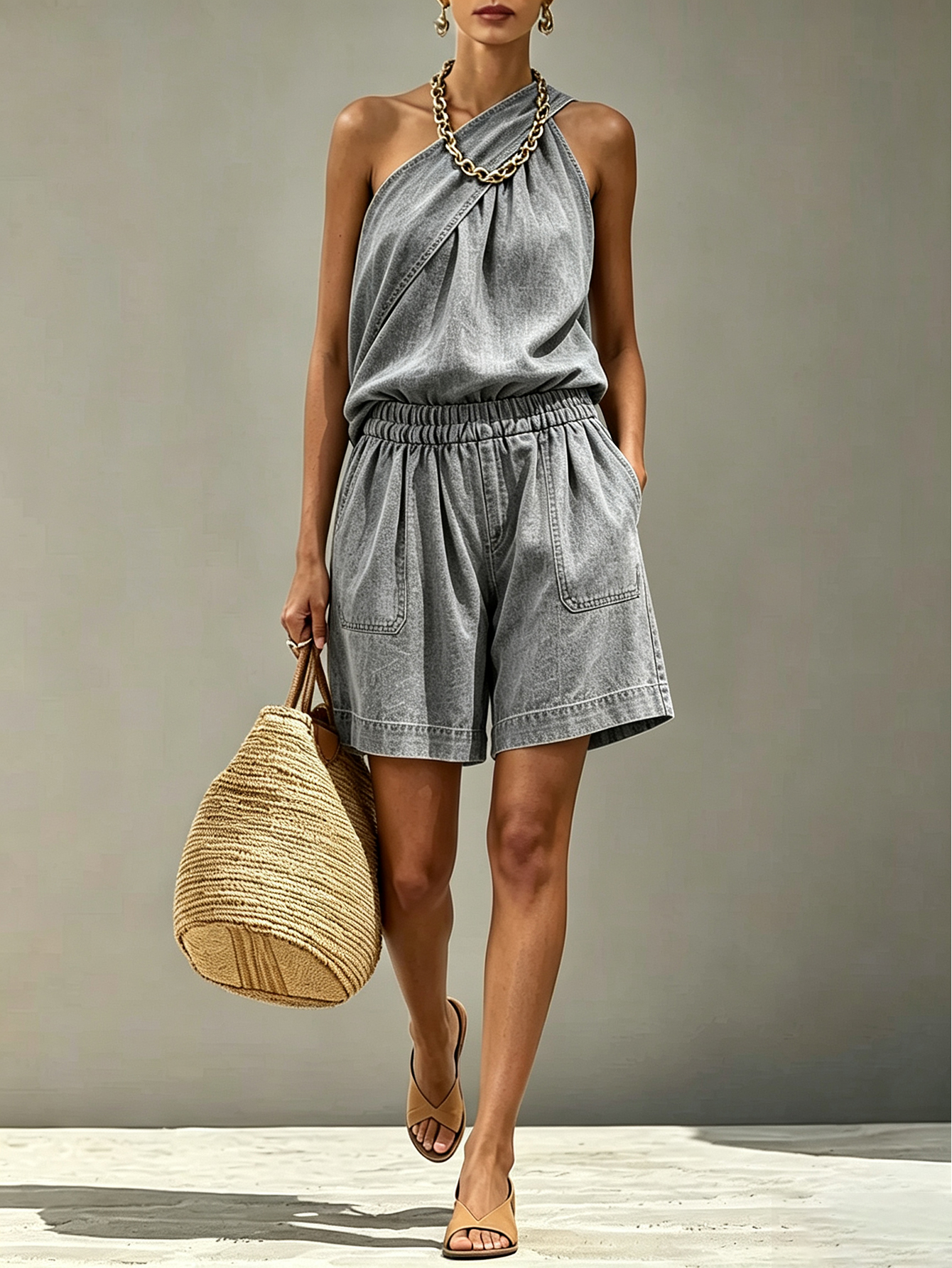 Women's One-Shoulder Halter Denim Two-Piece Set – Sleeveless Loose Top & Elastic Waist Shorts