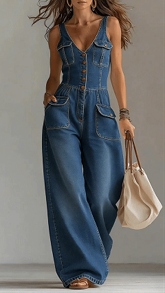 Women's Washed Denim Loose-Fit Sleeveless Jumpsuit with Straps