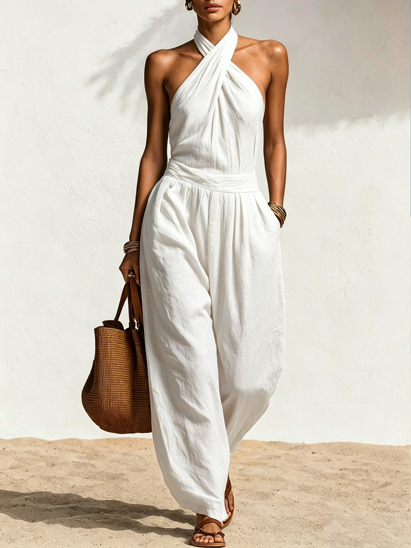 Minimalist Retro Solid Color Halter Jumpsuit