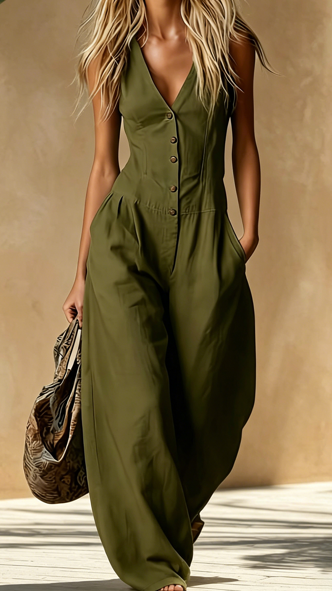 Women's Cotton-Blend V-Neck Sleeveless Wide-Leg Jumpsuit