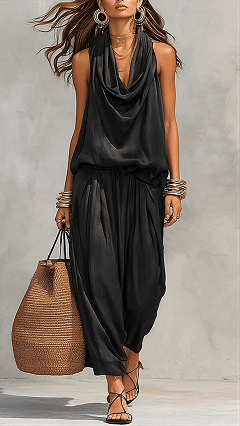 Women's Cotton-Blend Cowl Neck Sleeveless Wide-Leg Pants Set