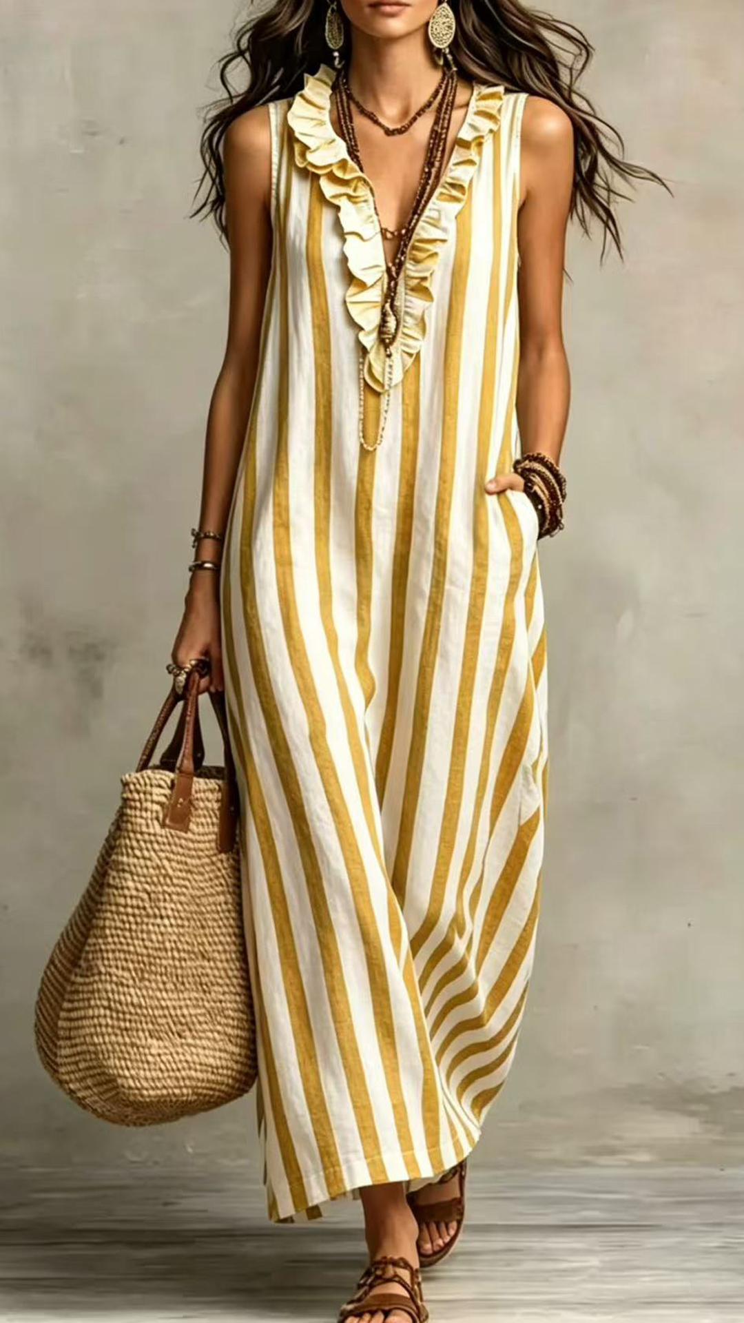 Women's Cotton-Blend Striped Sleeveless Maxi Dress
