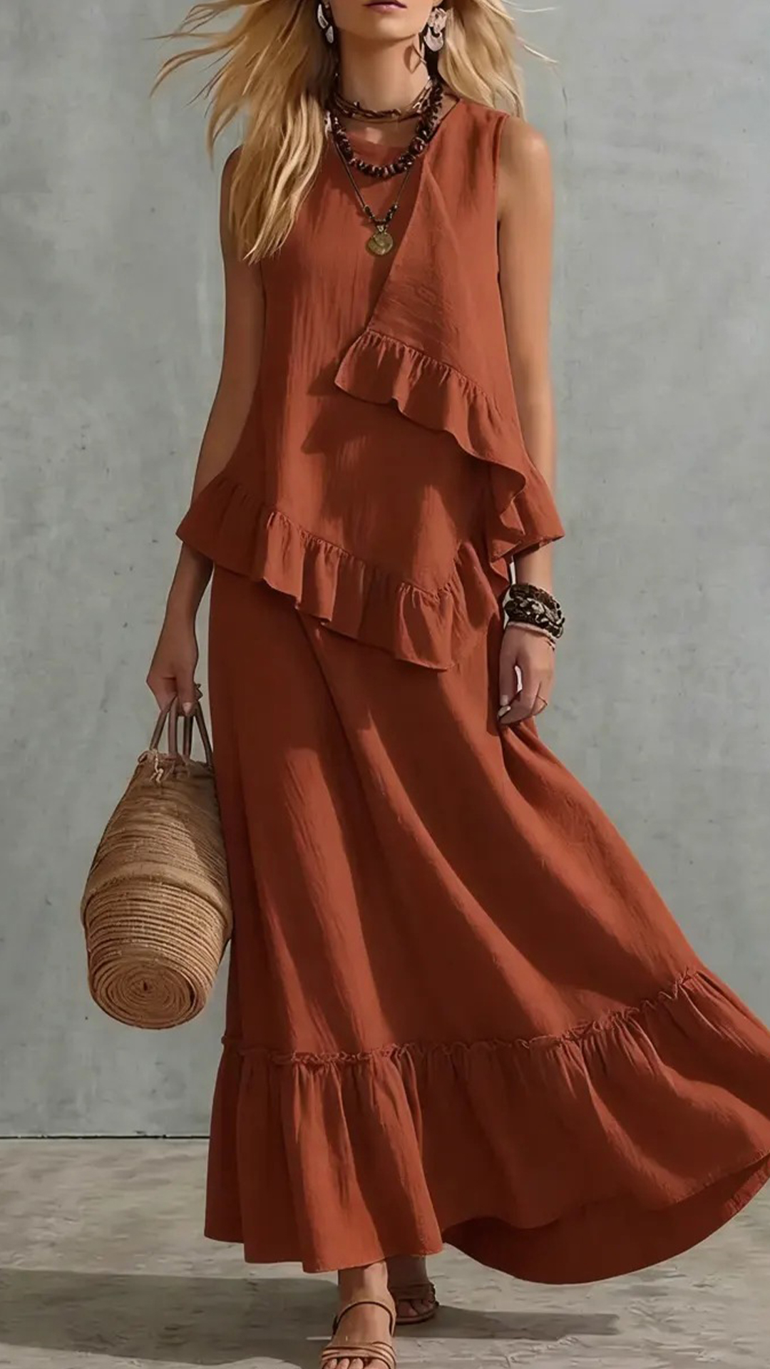 Women's Cotton-Blend Ruffled Sleeveless Maxi Dress