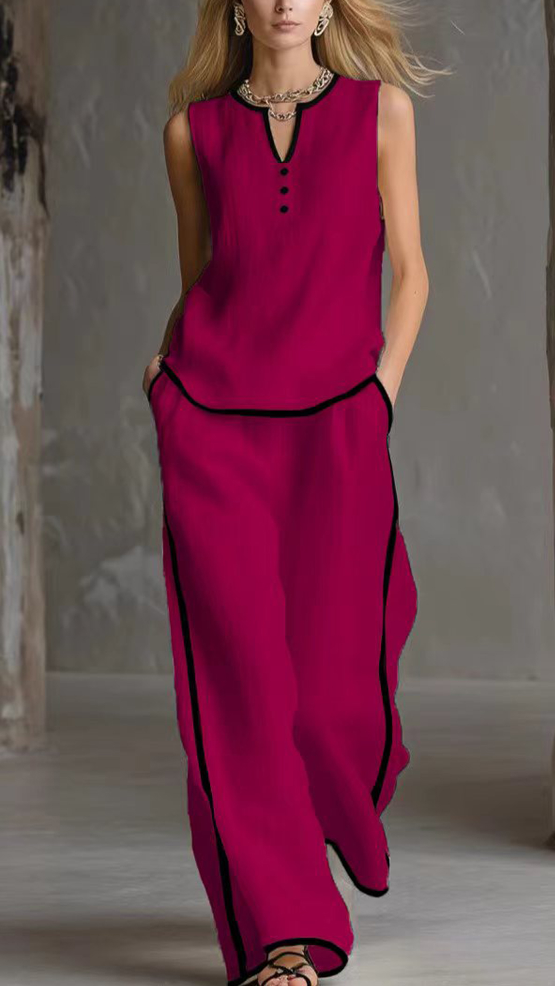 Women's Cotton-Blend Textured Sleeveless Top and Wide-Leg Pants Set