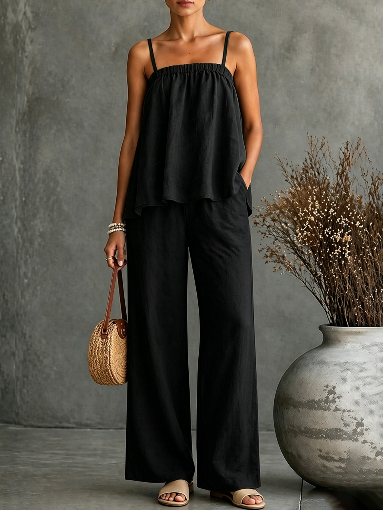 Linen Blend Cami Top & Wide Leg Pants Set – Loose Casual Two Piece Outfit