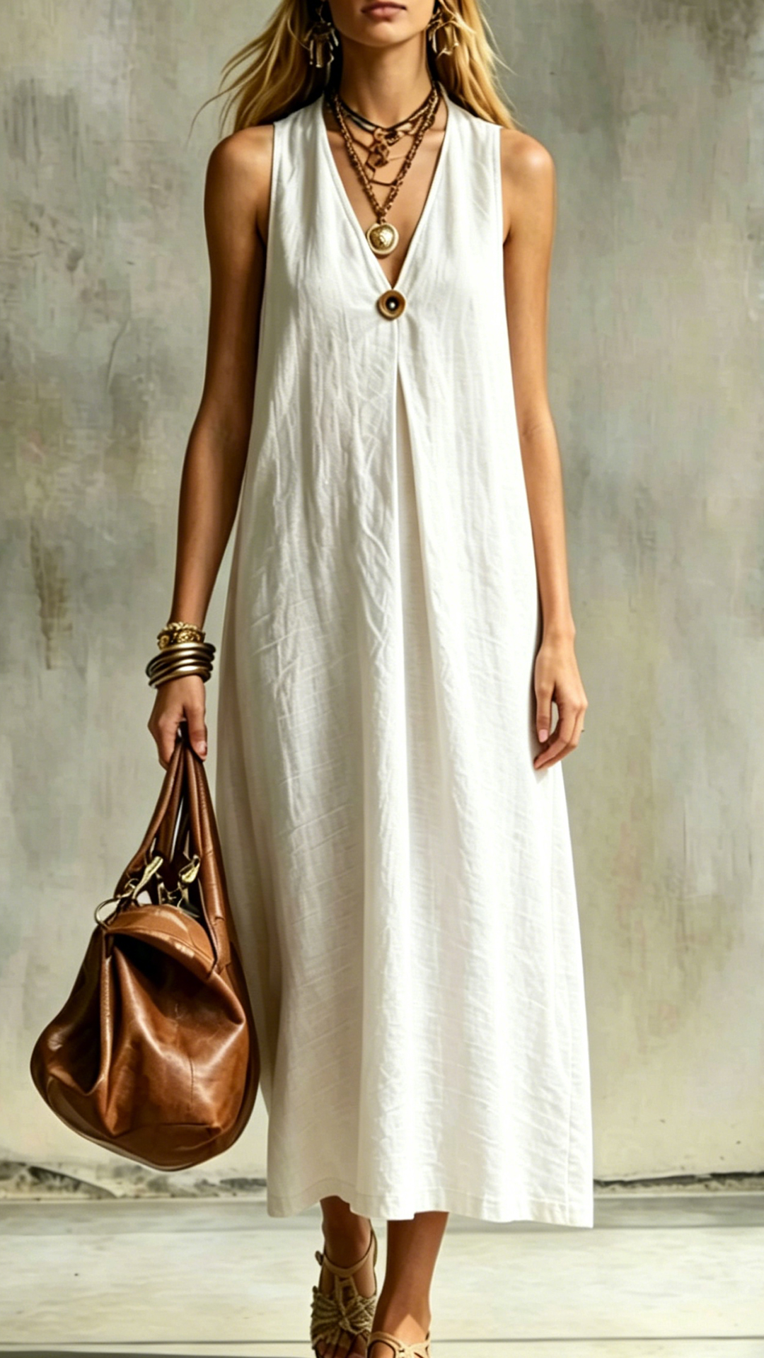 Women's Cotton-Blend V-Neck Loose Sleeveless Dress
