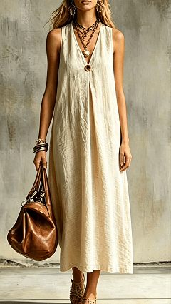 Women's Cotton-Blend V-Neck Loose Sleeveless Dress