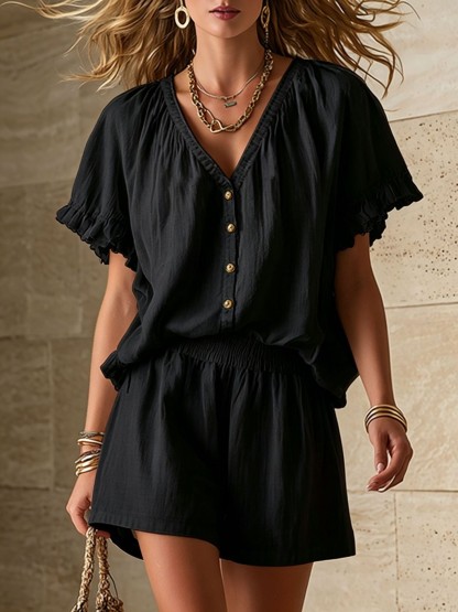 Women's Linen Blend V-Neck Ruffle Sleeve Top & Elastic Waist Shorts Set
