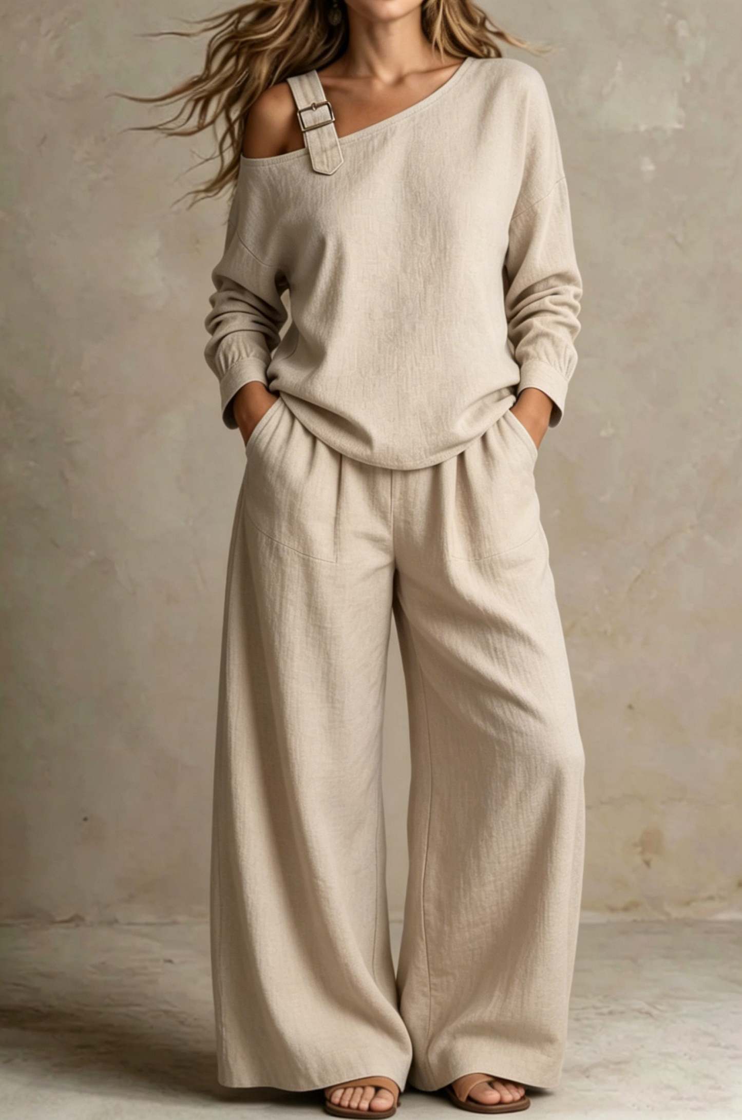 Women Chic One-Shoulder Linen-Blend Two-Piece Set