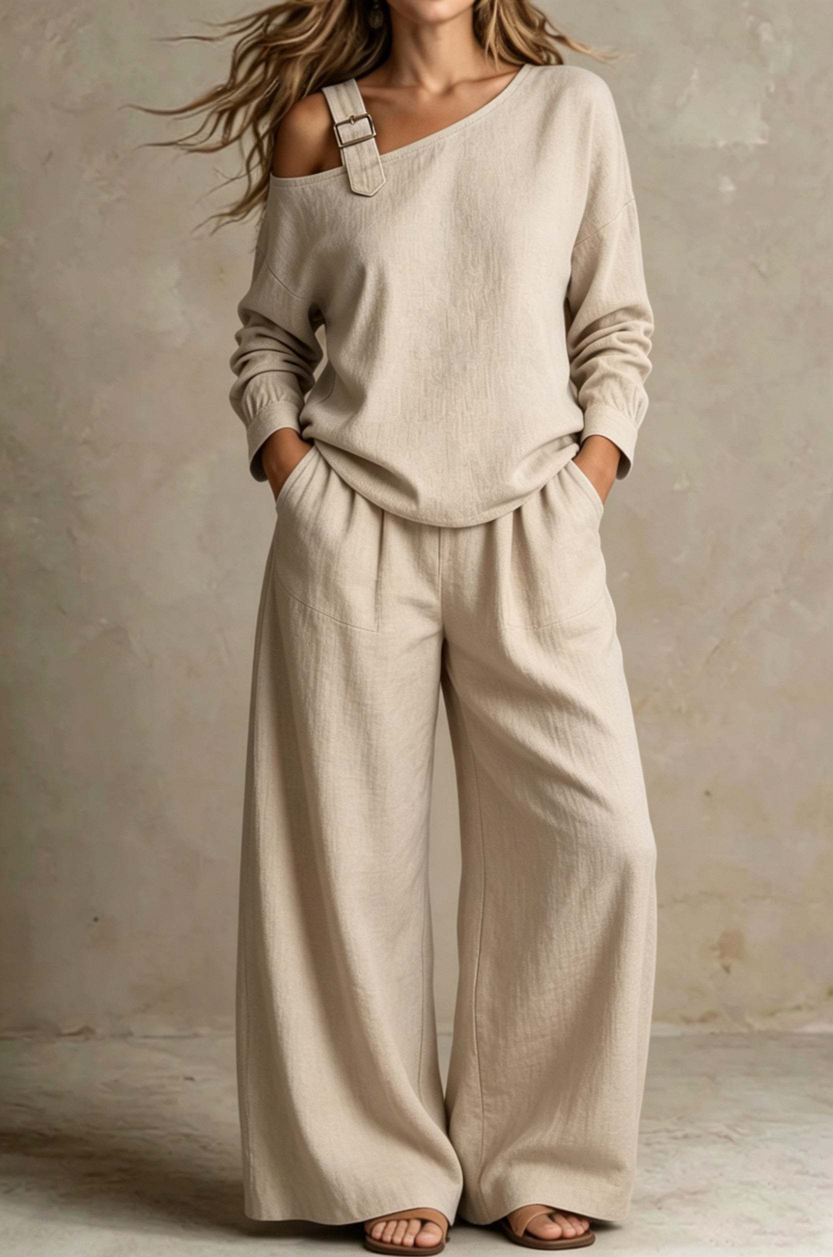 Women Chic One-Shoulder Linen-Blend Two-Piece Set